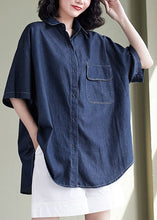 Load image into Gallery viewer, Women Navy Peter Pan Collar Patchwork Denim Shirt Top Summer