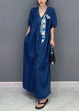 Load image into Gallery viewer, Women Navy V Neck Tie Waist Side Open Patchwork Denim Dress Summer