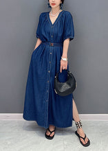 Load image into Gallery viewer, Women Navy V Neck Tie Waist Side Open Patchwork Denim Dress Summer