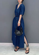 Load image into Gallery viewer, Women Navy V Neck Tie Waist Side Open Patchwork Denim Dress Summer