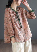 Load image into Gallery viewer, Women Neck Tie Ruffled Print Low High Design Linen Shirt Long Sleeve