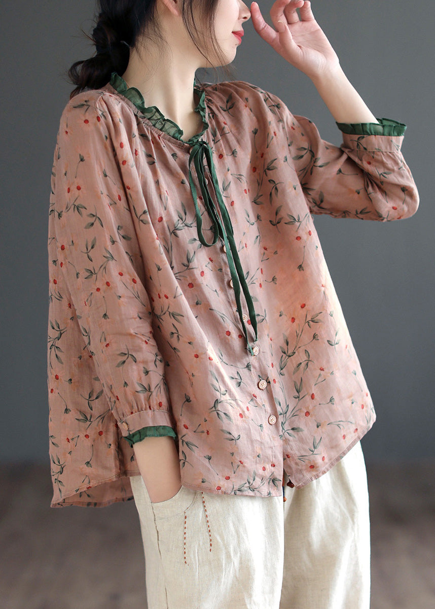 Women Neck Tie Ruffled Print Low High Design Linen Shirt Long Sleeve