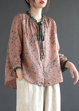 Load image into Gallery viewer, Women Neck Tie Ruffled Print Low High Design Linen Shirt Long Sleeve