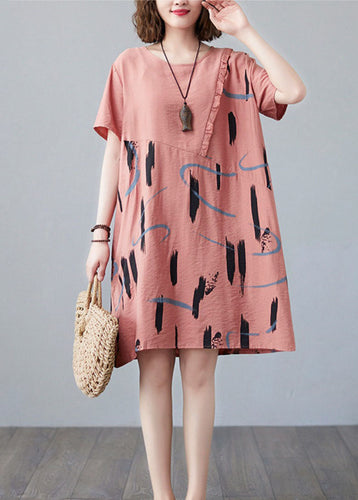 Women Orange O Neck Print Patchwork Cotton Mid Dress Summer