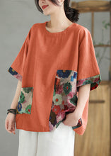 Load image into Gallery viewer, Women Orange O Neck Print Patchwork Linen T Shirt Top Summer