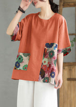 Load image into Gallery viewer, Women Orange O Neck Print Patchwork Linen T Shirt Top Summer