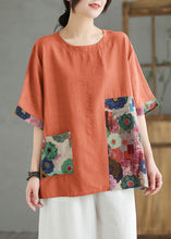 Load image into Gallery viewer, Women Orange O Neck Print Patchwork Linen T Shirt Top Summer