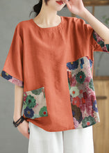 Load image into Gallery viewer, Women Orange O Neck Print Patchwork Linen T Shirt Top Summer