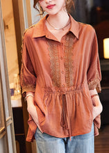 Load image into Gallery viewer, Women Orange Peter Pan Collar Lace Patchwork Drawstring Tie Waist Button Shirt Batwing Sleeve