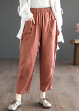 Load image into Gallery viewer, Women Orange Pockets Elastic Waist Patchwork Linen Crop Pants Summer