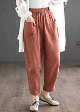 Load image into Gallery viewer, Women Orange Pockets Elastic Waist Patchwork Linen Crop Pants Summer