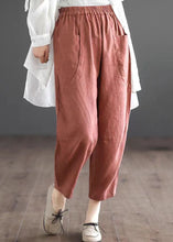 Load image into Gallery viewer, Women Orange Pockets Elastic Waist Patchwork Linen Crop Pants Summer