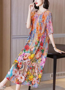 Women Orange Ruffled Print Silk Beach Dress Summer