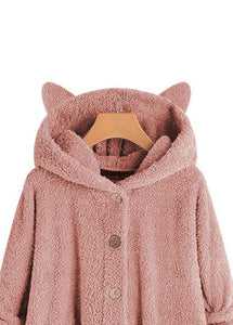 Women Pink Hooded Button Patchwork Teddy Faux Fur Coat Fall