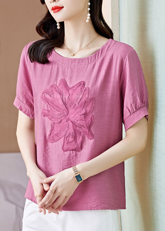 Women Pink O Neck Embroideried Patchwork Linen T Shirt Top Summer