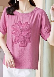 Women Pink O Neck Embroideried Patchwork Linen T Shirt Top Summer