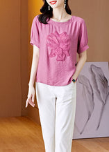 Load image into Gallery viewer, Women Pink O Neck Embroideried Patchwork Linen T Shirt Top Summer