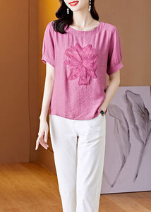 Women Pink O Neck Embroideried Patchwork Linen T Shirt Top Summer