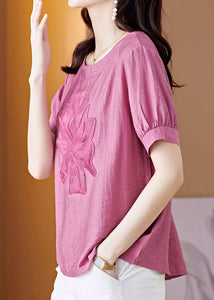 Women Pink O Neck Embroideried Patchwork Linen T Shirt Top Summer