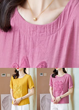 Load image into Gallery viewer, Women Pink O Neck Embroideried Patchwork Linen T Shirt Top Summer