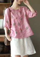 Load image into Gallery viewer, Women Pink O-Neck Embroideried Summer Ramie Blouses Half Sleeve