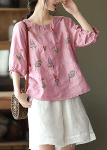 Women Pink O-Neck Embroideried Summer Ramie Blouses Half Sleeve