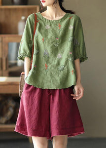 Women Pink O-Neck Embroideried Summer Ramie Blouses Half Sleeve