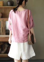 Load image into Gallery viewer, Women Pink O-Neck Embroideried Summer Ramie Blouses Half Sleeve