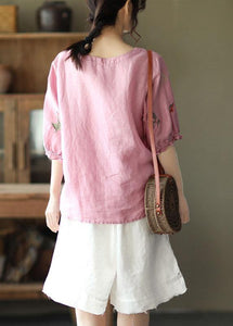 Women Pink O-Neck Embroideried Summer Ramie Blouses Half Sleeve