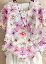 Load image into Gallery viewer, Women Pink O Neck Print Patchwork Linen T Shirt Top Summer