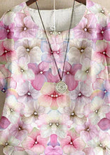 Load image into Gallery viewer, Women Pink O Neck Print Patchwork Linen T Shirt Top Summer