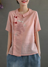 Load image into Gallery viewer, Women Pink Peter Pan Collar Embroideried Linen Blouse Tops Spring