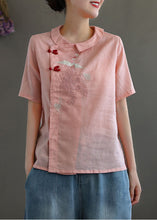 Load image into Gallery viewer, Women Pink Peter Pan Collar Embroideried Linen Blouse Tops Spring