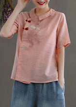 Load image into Gallery viewer, Women Pink Peter Pan Collar Embroideried Linen Blouse Tops Spring