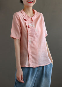 Women Pink Peter Pan Collar Embroideried Linen Blouse Tops Spring