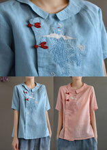 Load image into Gallery viewer, Women Pink Peter Pan Collar Embroideried Linen Blouse Tops Spring