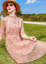 Load image into Gallery viewer, Women Pink Ruffled Embroideried Tie Waist Silk Cinch Dress Half Sleeve