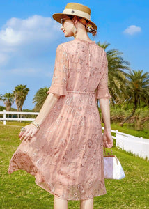Women Pink Ruffled Embroideried Tie Waist Silk Cinch Dress Half Sleeve