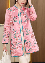 Load image into Gallery viewer, Women Pink Stand Collar Embroideried Floral Side Open Button Silk Long Coats Fall