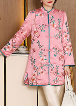 Load image into Gallery viewer, Women Pink Stand Collar Embroideried Floral Side Open Button Silk Long Coats Fall