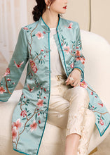 Load image into Gallery viewer, Women Pink Stand Collar Embroideried Floral Side Open Button Silk Long Coats Fall