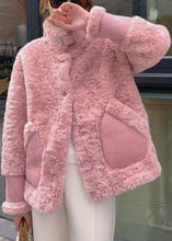 Load image into Gallery viewer, Women Pink Stand Collar Pockets Faux Fur Winter Coats