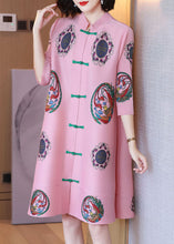 Load image into Gallery viewer, Women Pink Stand Collar Print Chiffon A Line Dress Half Sleeve