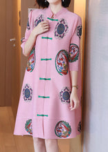 Load image into Gallery viewer, Women Pink Stand Collar Print Chiffon A Line Dress Half Sleeve