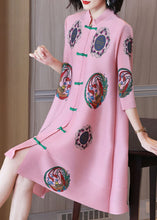 Load image into Gallery viewer, Women Pink Stand Collar Print Chiffon A Line Dress Half Sleeve