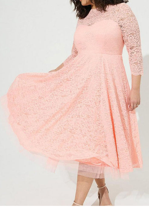 Women Pink Tulle Patchwork Zippered Lace Long Dresses Fall