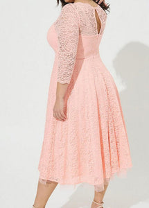 Women Pink Tulle Patchwork Zippered Lace Long Dresses Fall