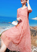 Load image into Gallery viewer, Women Pink V Neck Embroideried Wrinkled Silk Mid Dress Short Sleeve