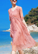 Load image into Gallery viewer, Women Pink V Neck Embroideried Wrinkled Silk Mid Dress Short Sleeve