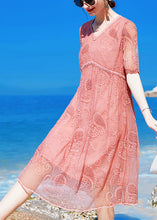 Load image into Gallery viewer, Women Pink V Neck Embroideried Wrinkled Silk Mid Dress Short Sleeve